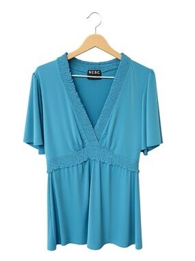 VTG‎ Womens Y2K Babydoll Blue Top Large Flowy Ruffle Career Office Short Sleeve